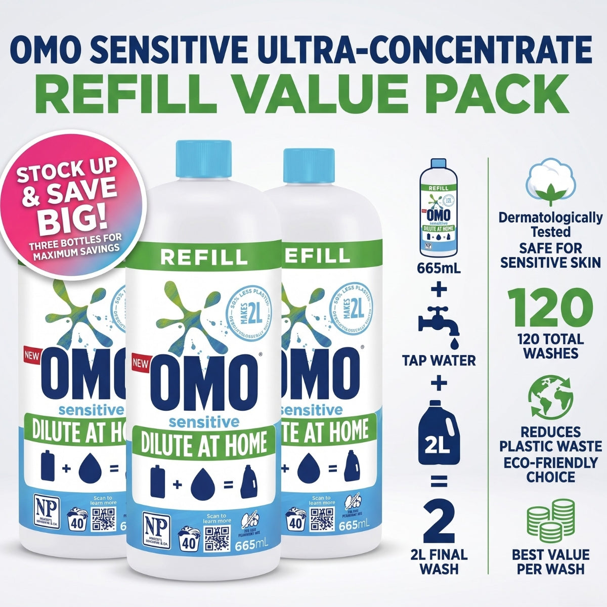 OMO Sensitive Laundry Liquid 665mL x3
