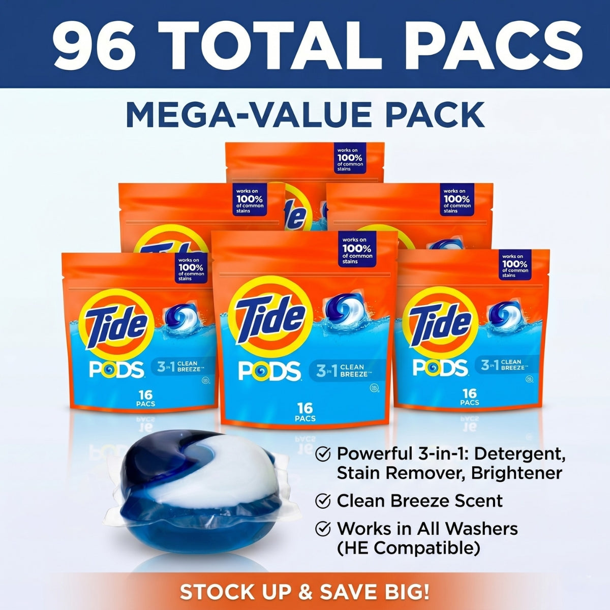 Tide 3 in 1 Clean Breeze x 96 Laundry Pods