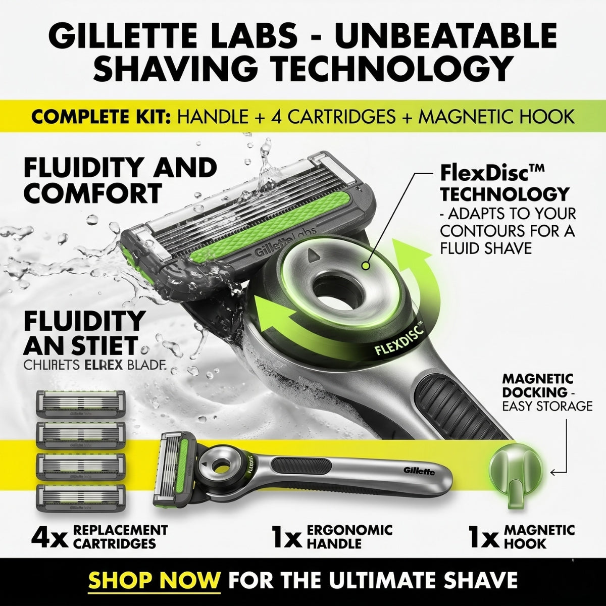 Gillette Labs Handle + 4 Cartridges & Magnetic Hook