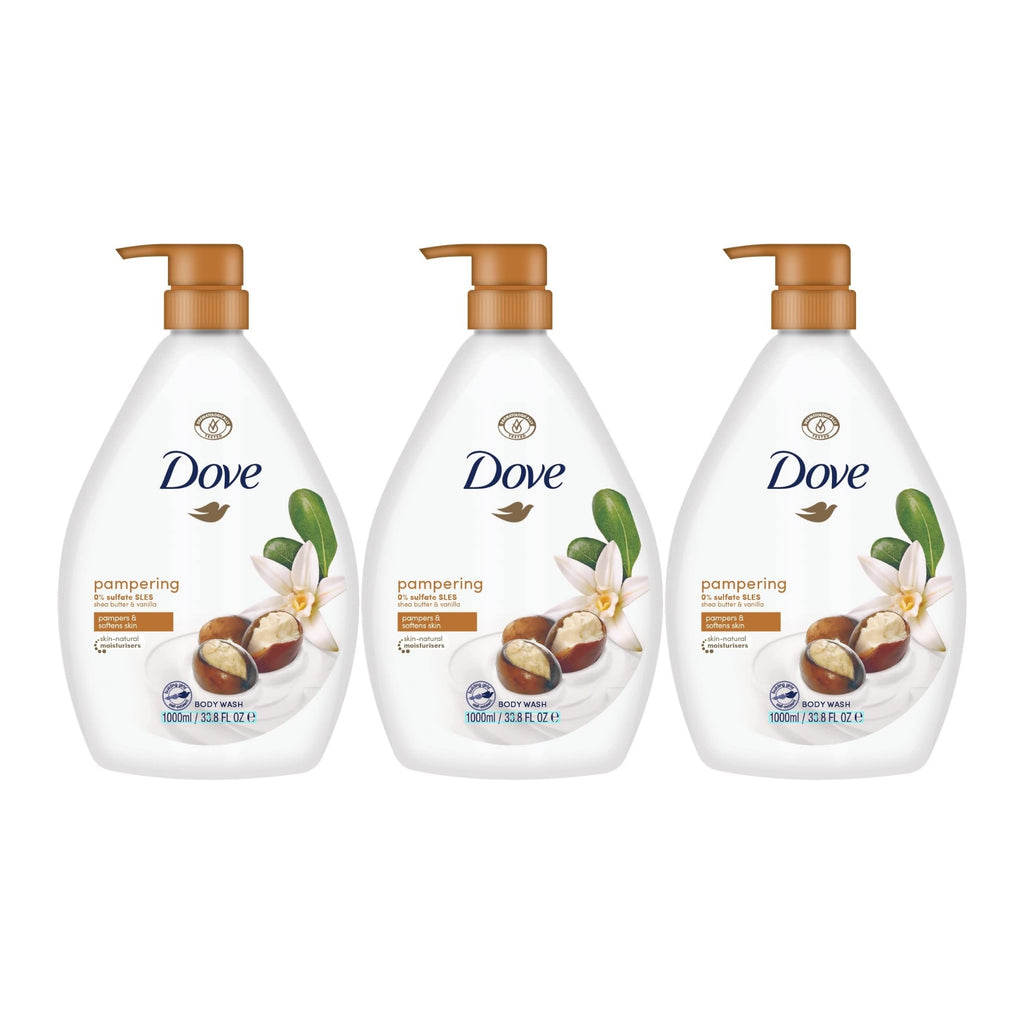 Dove 1L Pampering Shea Butter & Vanilla Body Wash x3