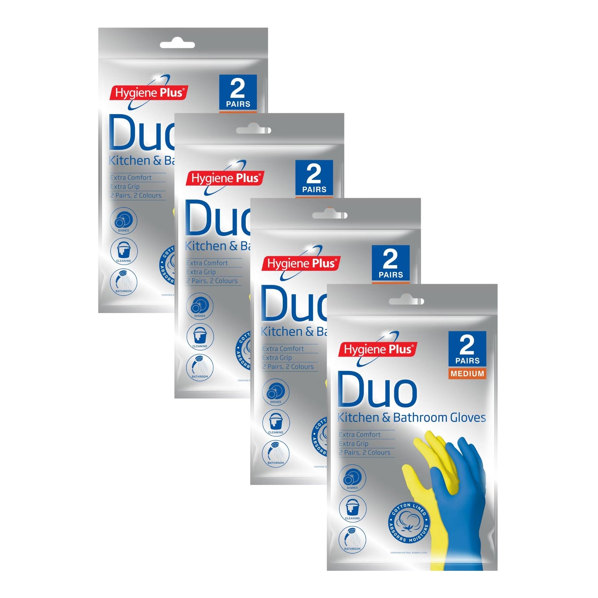 Hygiene Plus Duo Kitchen and Bathroom Gloves 2pk (Medium) x4