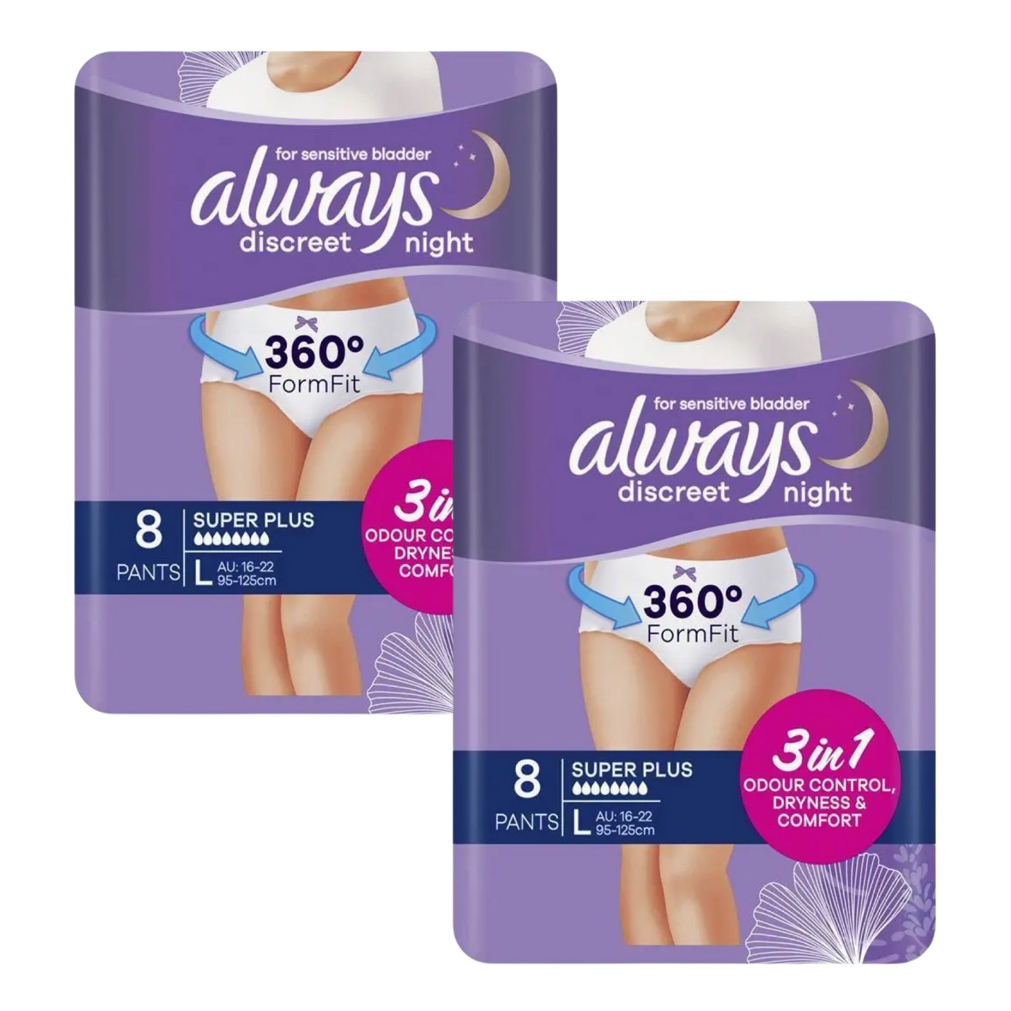 Always Discreet Night Pants Large 16-22 95-125cm 70-100cm 8 Pack x2