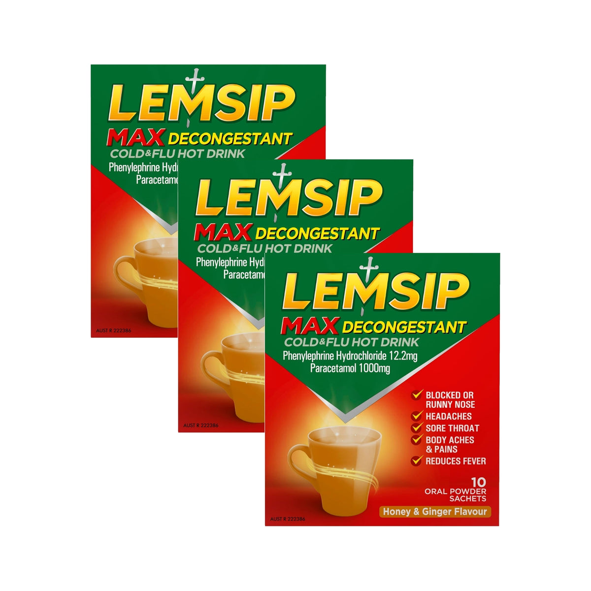 Lemsip Max Cold & Flu Decongestant Honey Ginger Hot Drink 10pk x3