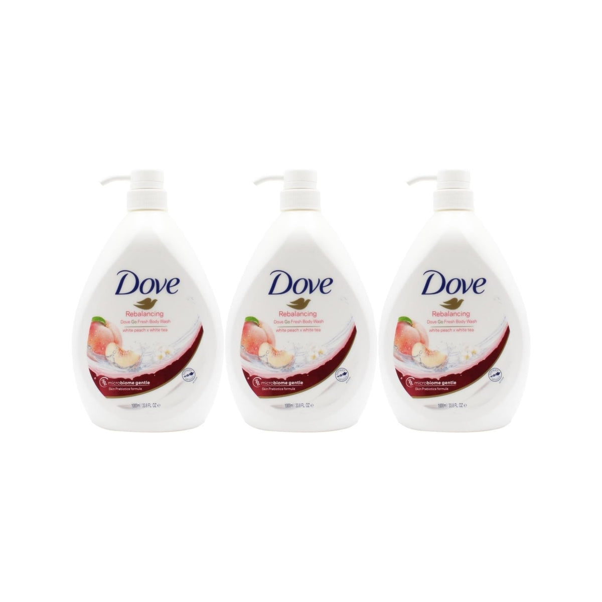 Dove 1L Rebalancing White Peach & Tea Body Wash x3