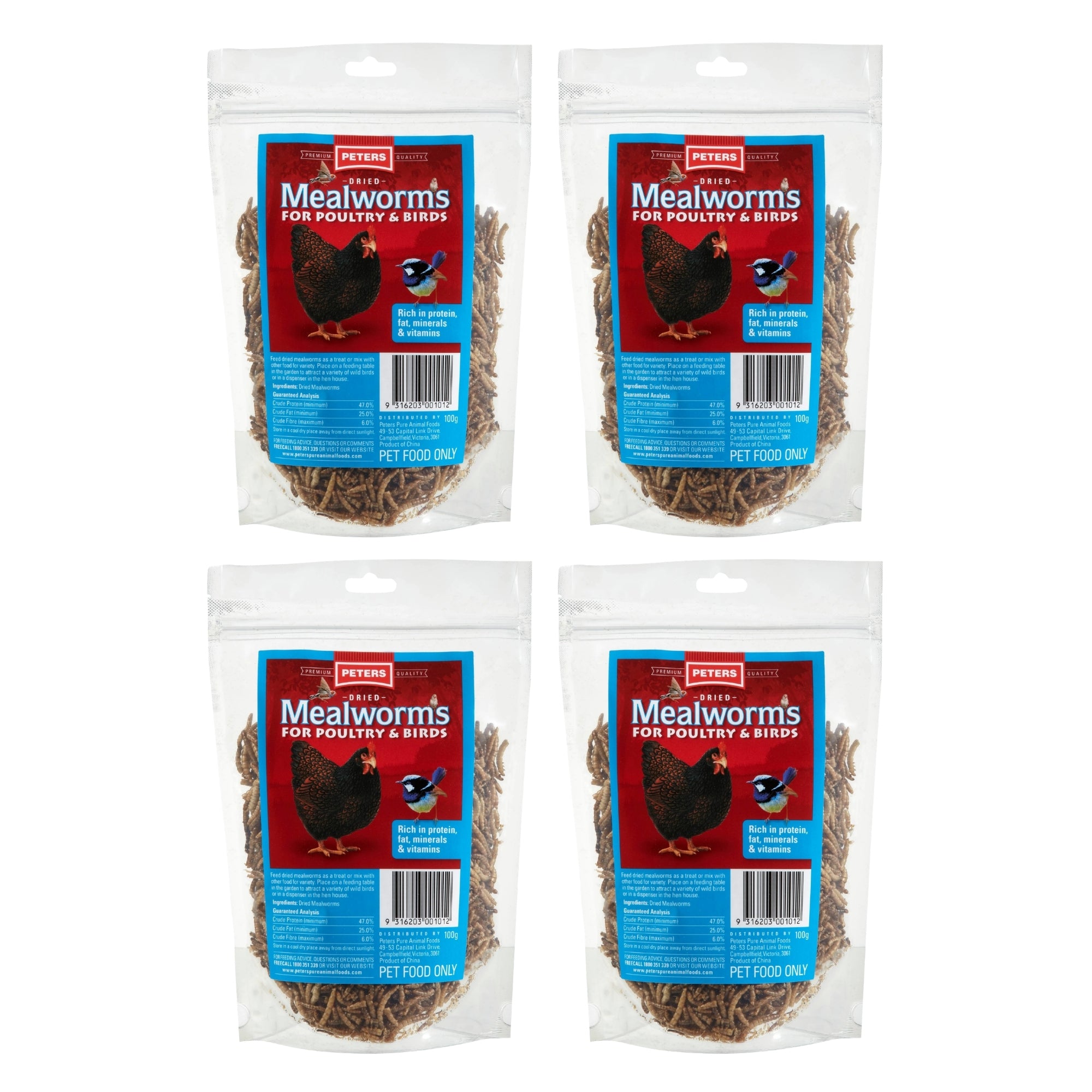Peters Dried Mealworms For Poultry & Birds 100g x4