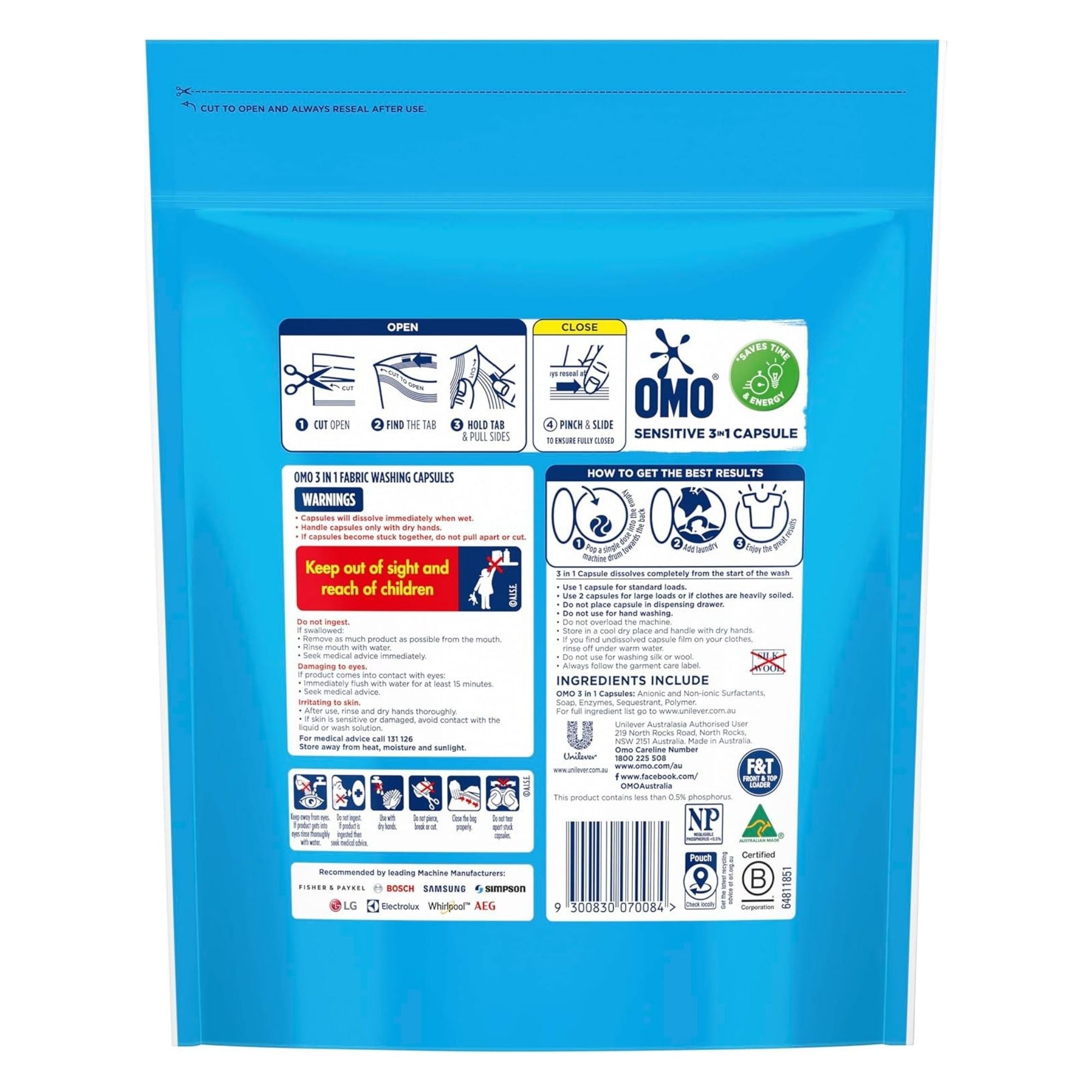 OMO 3in1 Sensitive Fragrance Free x 60 Laundry Capsules
