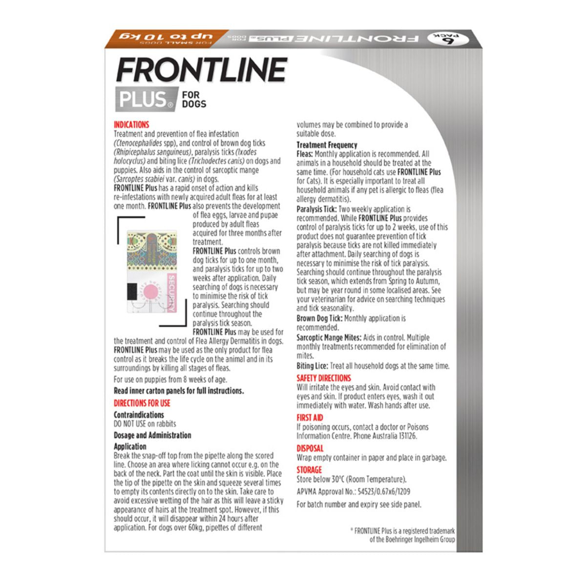 Frontline Plus Dog 0-10kg Orange Small 6pk