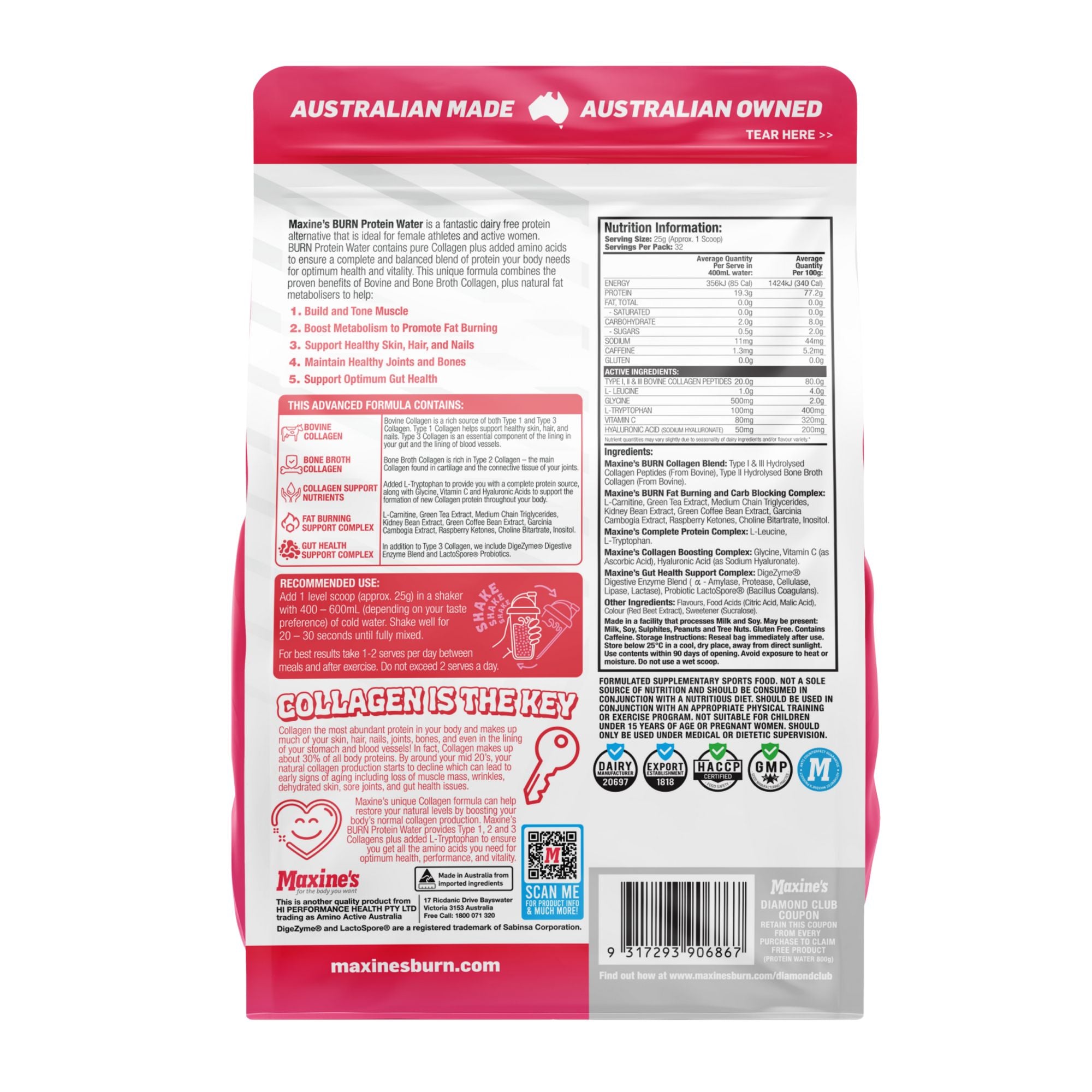 Maxines Burn Protein Water Refreshing Raspberry 800g