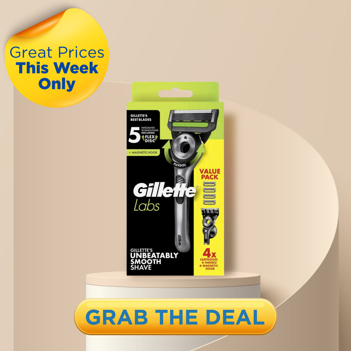 Gillette Labs Handle + 4 Cartridges & Magnetic Hook