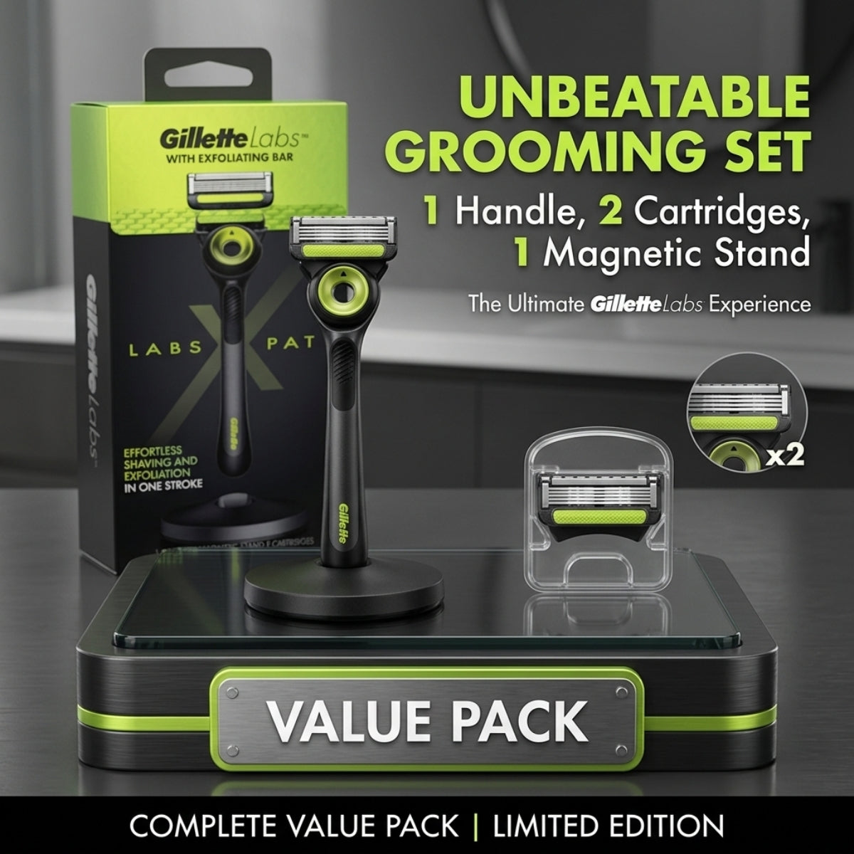 Gillette P Cummins Labs Razor Handle  +2 Cartridges & Magnetic Stand