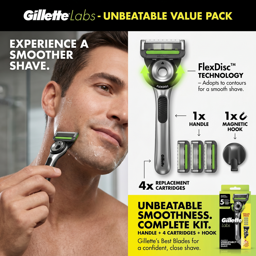 Gillette Labs Handle + 4 Cartridges & Magnetic Hook